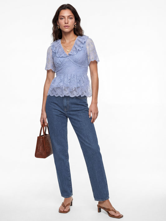 Lovedrobe Blue Lace Peplum Top with Frill Collar