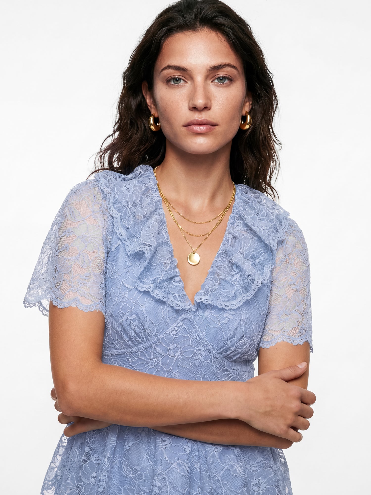 Lovedrobe Blue Lace Peplum Top with Frill Collar