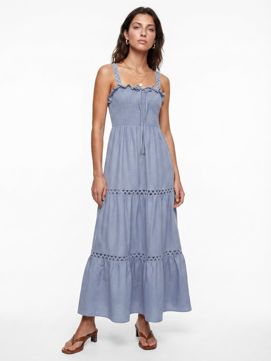 Lovedrobe Dusty Blue Ric Rac Detail Tiered Midaxi Dress