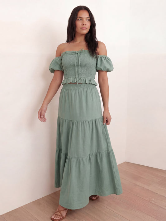 Lovedrobe Sea Green Shirred Waist Tiered Maxi Skirt Co-Ord
