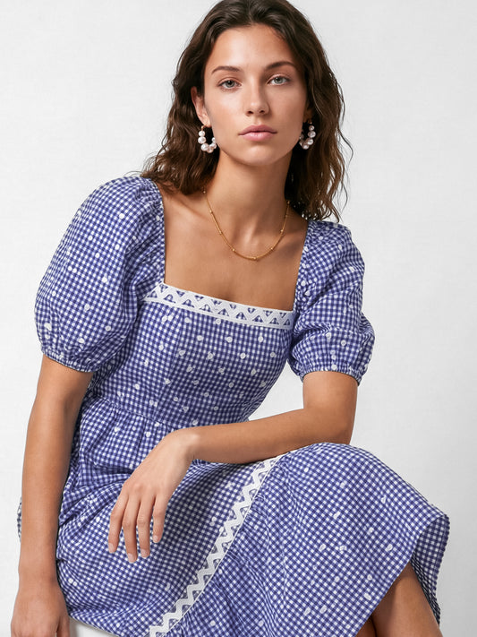 Lovedrobe Blue Gingham & Polka Dot Short Sleeve Midaxi Dress