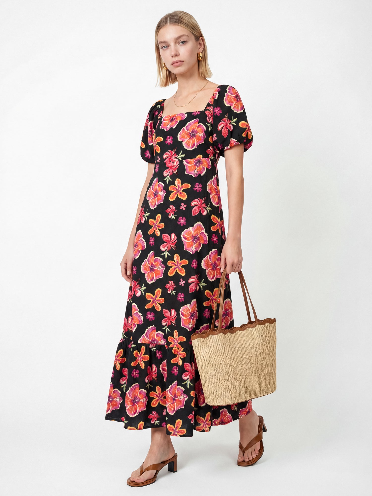 Lovedrobe Floral Print Square Neck Short Sleeve Maxi Dress Pockets