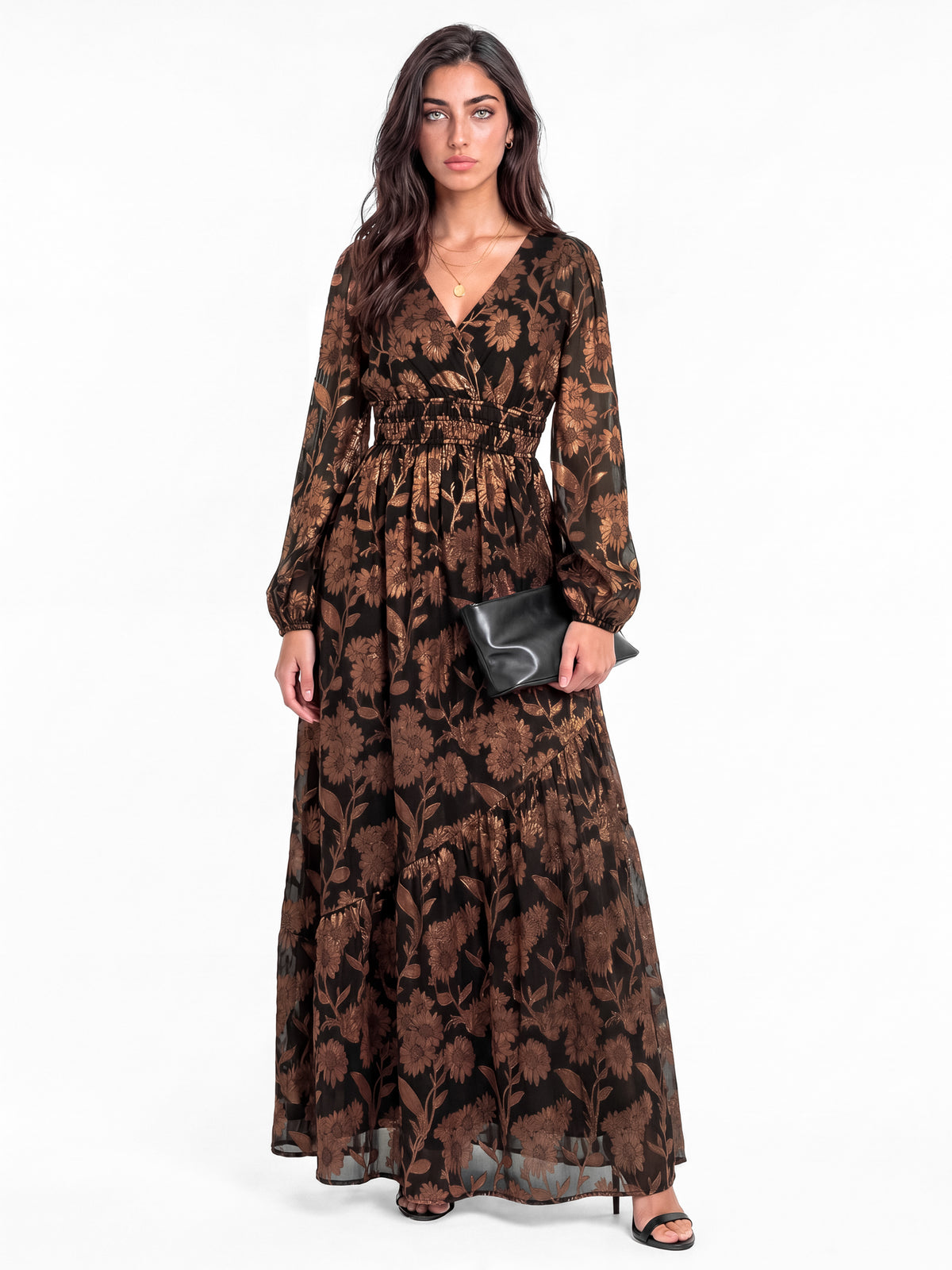 Lovedrobe Floral Jacquard Faux Wrap Long Sleeve & Tie Back Maxi Dress