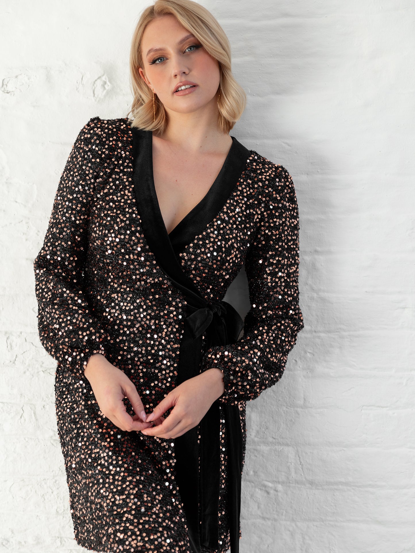 Lovedrobe Sequin & Tinsel Wrap Mini Dress with Velvet Trim