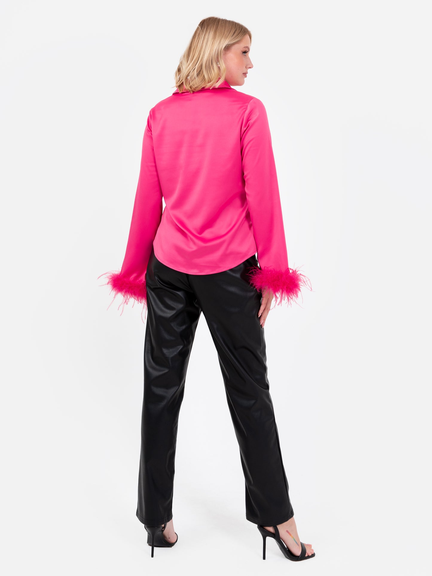Lovedrobe Fuchsia Satin Shirt with Feather Cuffs