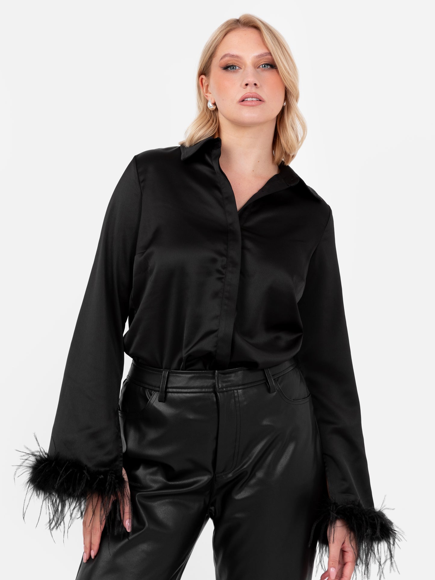 Lovedrobe Black Satin Shirt with Feather Cuffs