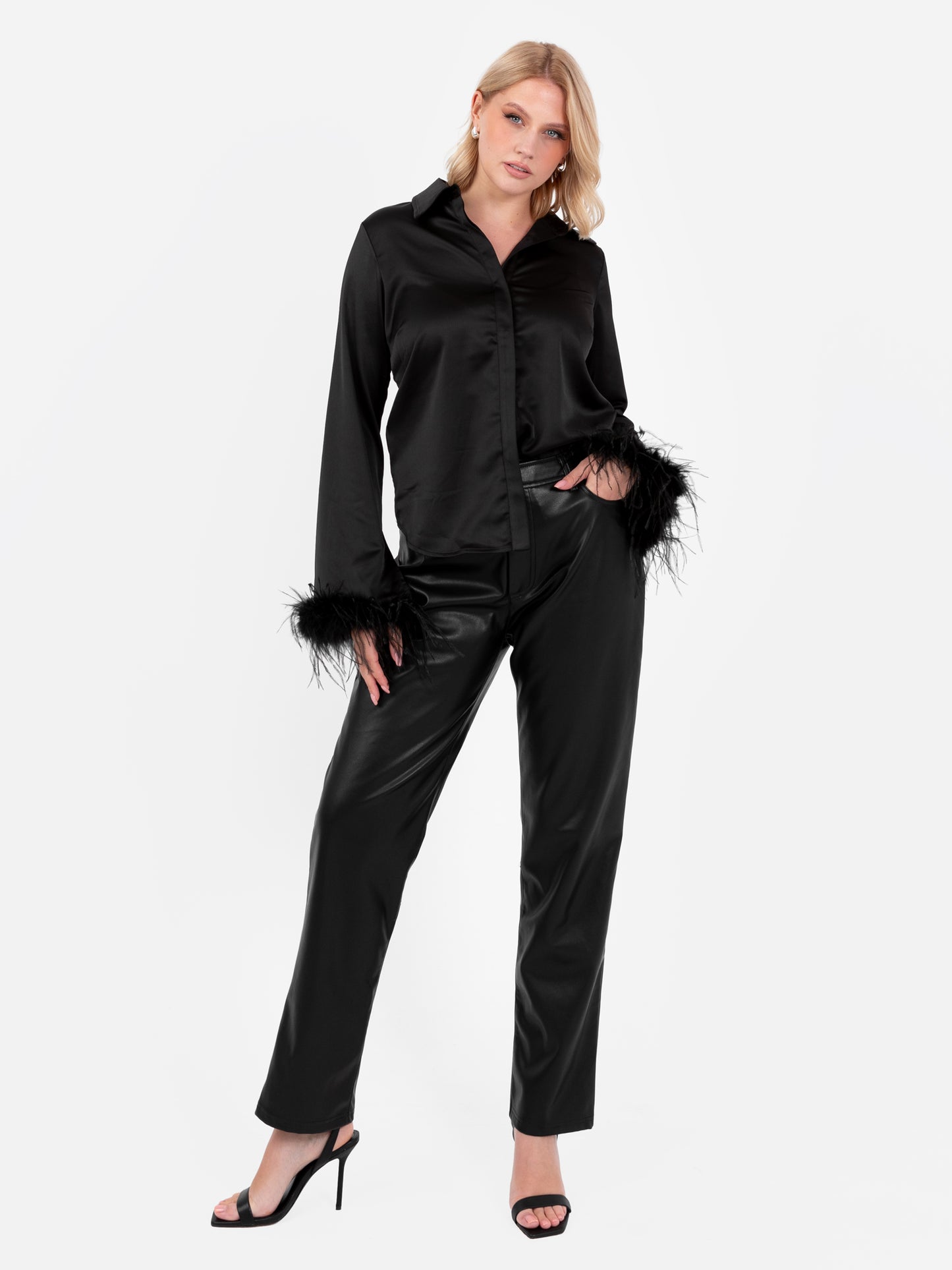 Lovedrobe Black Satin Shirt with Feather Cuffs