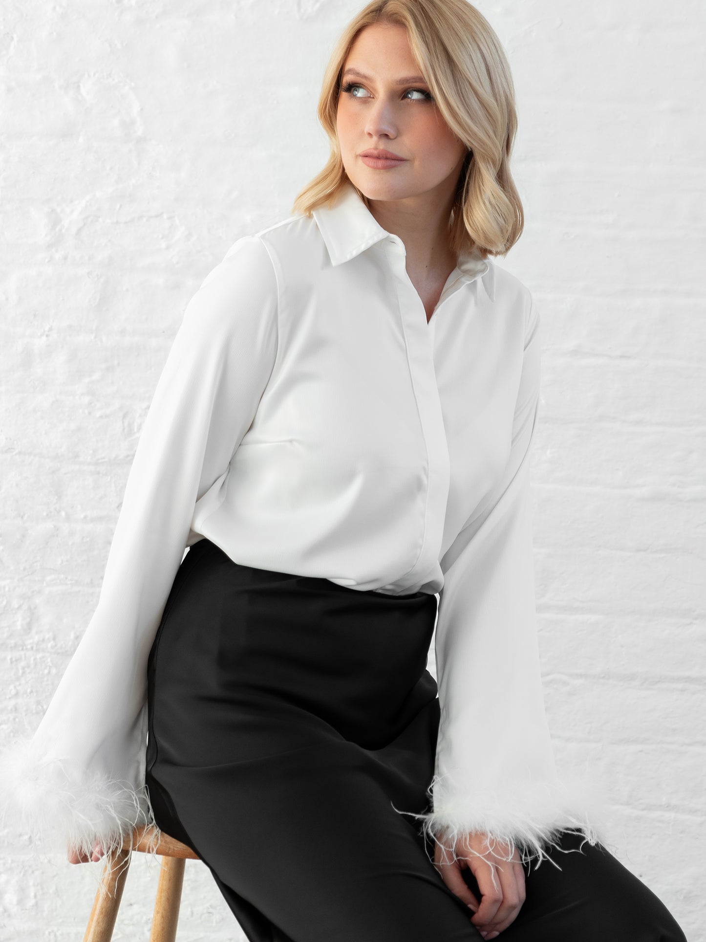Lovedrobe White Satin Shirt With Feather Cuffs