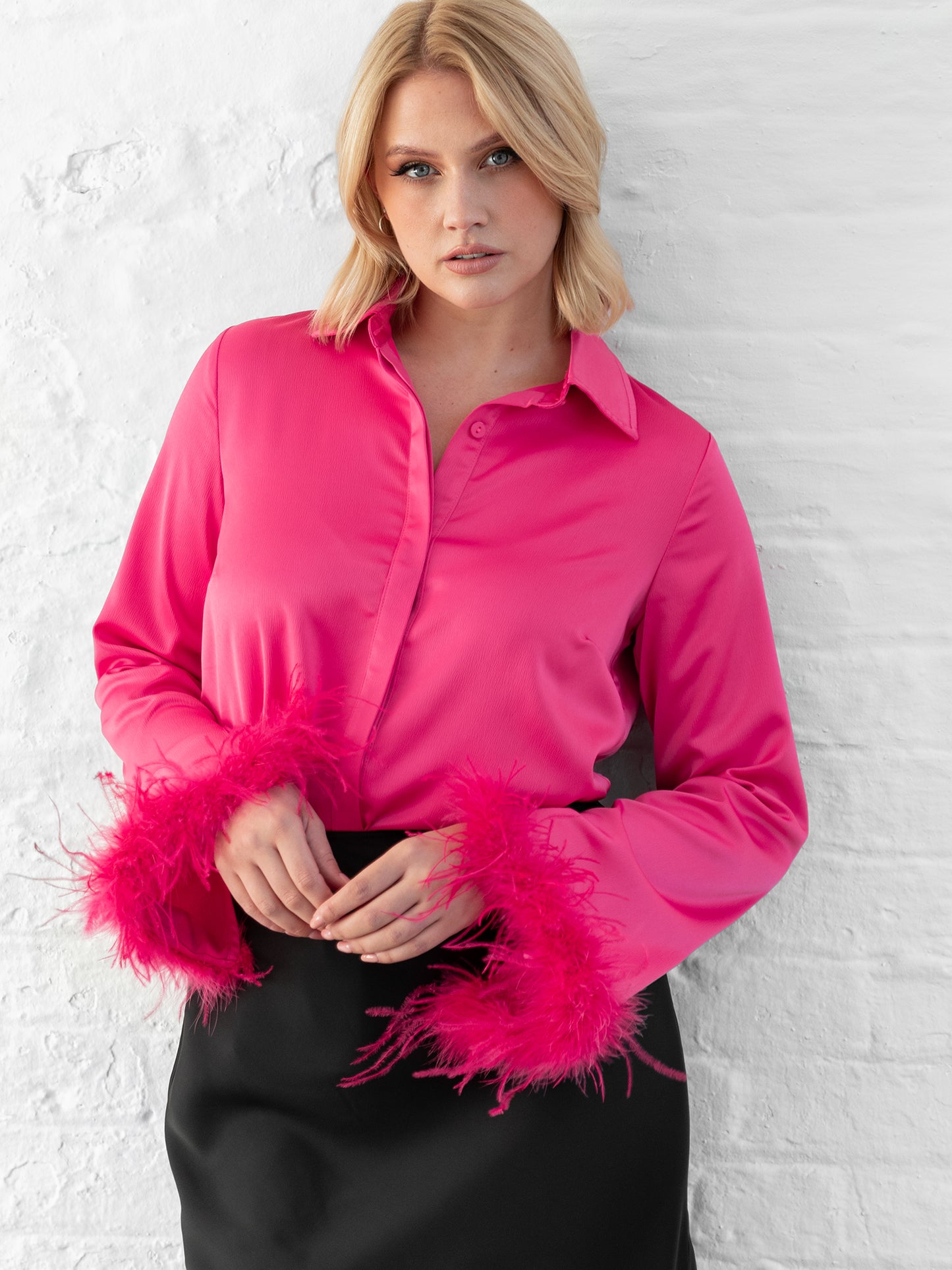 Lovedrobe Fuchsia Satin Shirt with Feather Cuffs