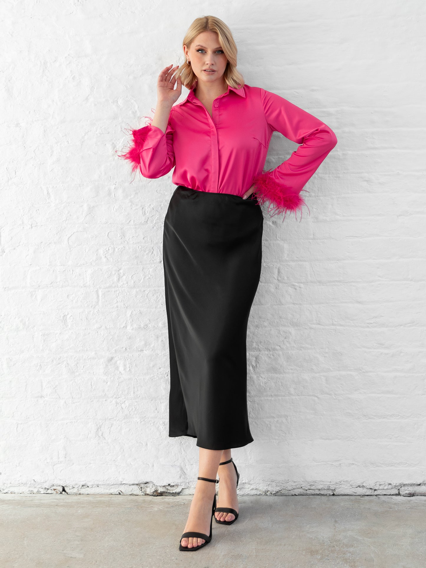 Lovedrobe Fuchsia Satin Shirt with Feather Cuffs