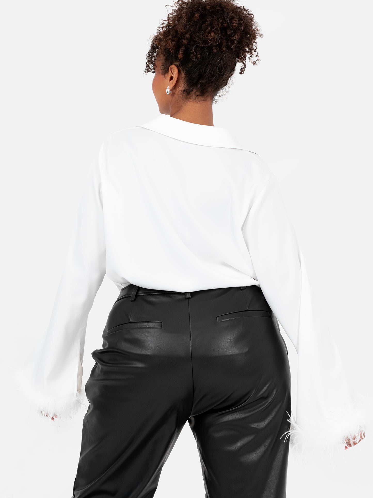 Lovedrobe White Satin Shirt With Feather Cuffs