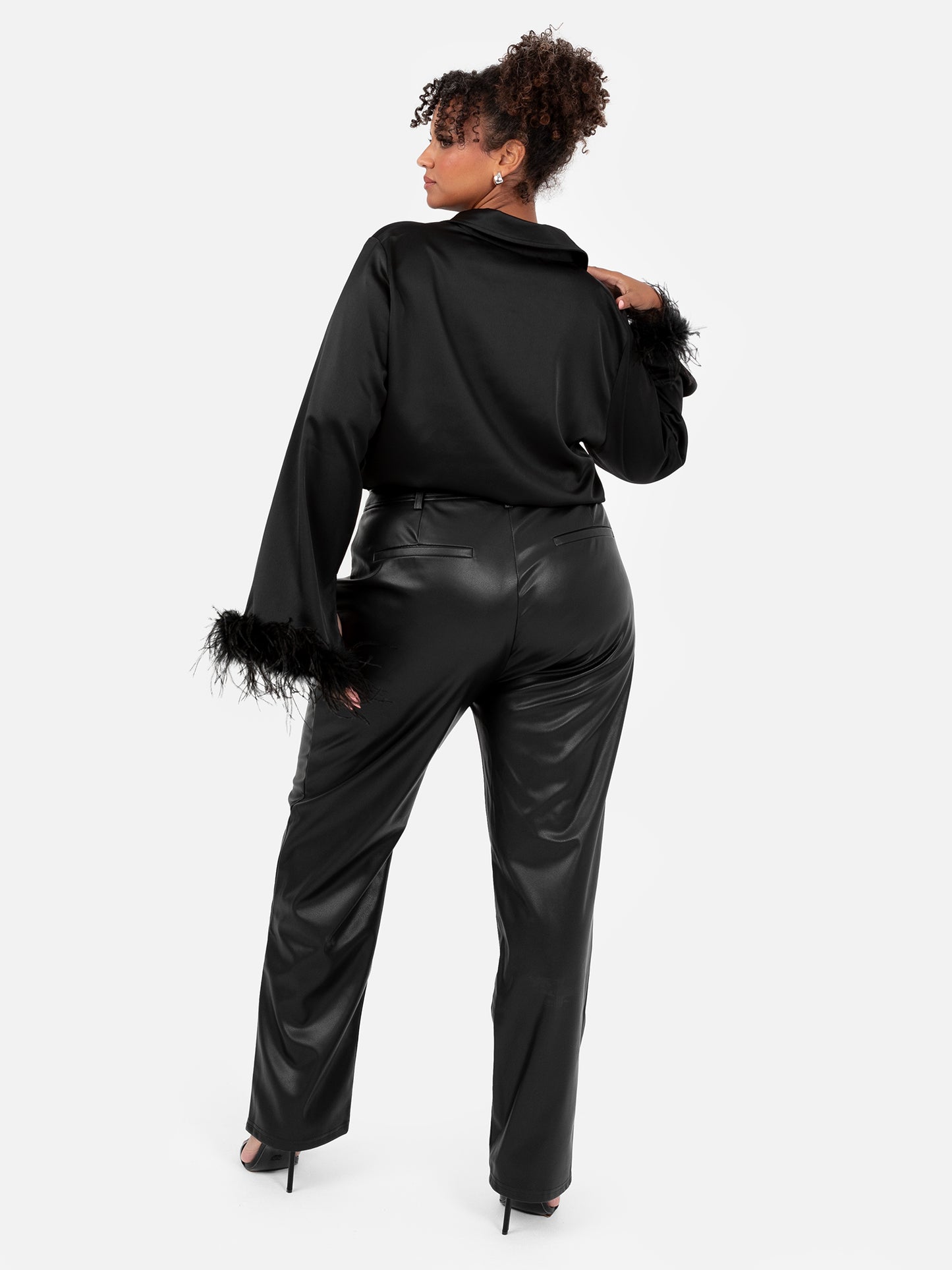 Lovedrobe Black Satin Shirt with Feather Cuffs