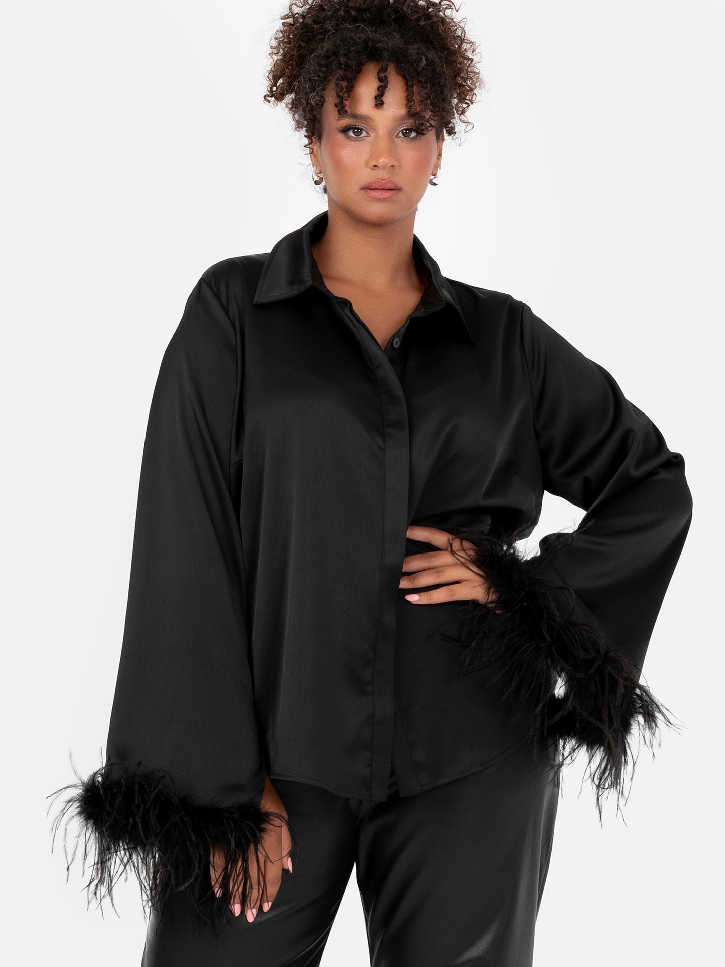 Lovedrobe Black Satin Shirt with Feather Cuffs