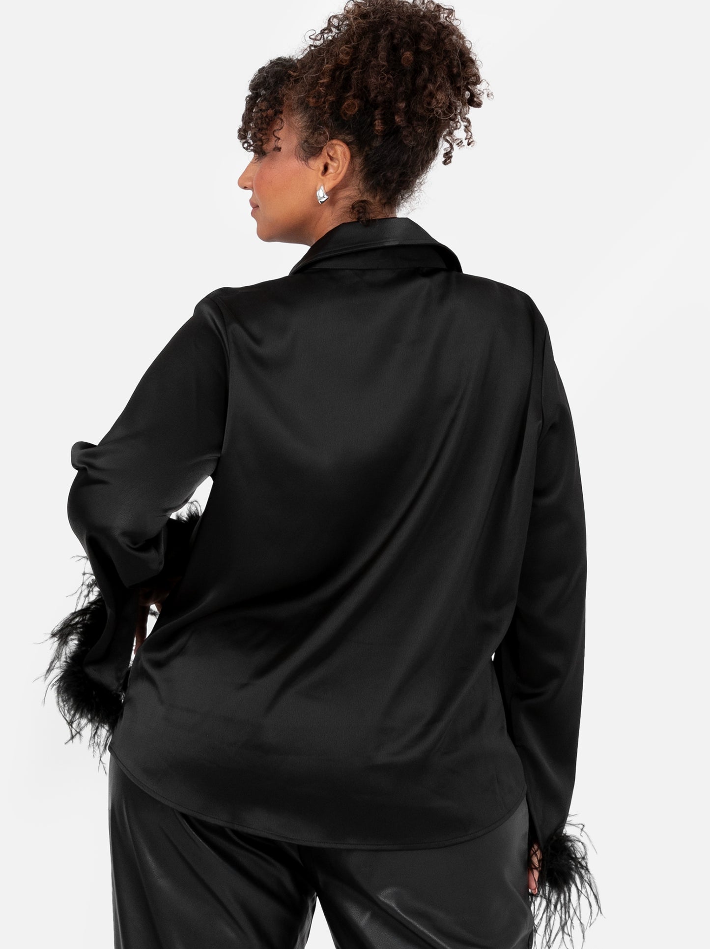 Lovedrobe Black Satin Shirt with Feather Cuffs