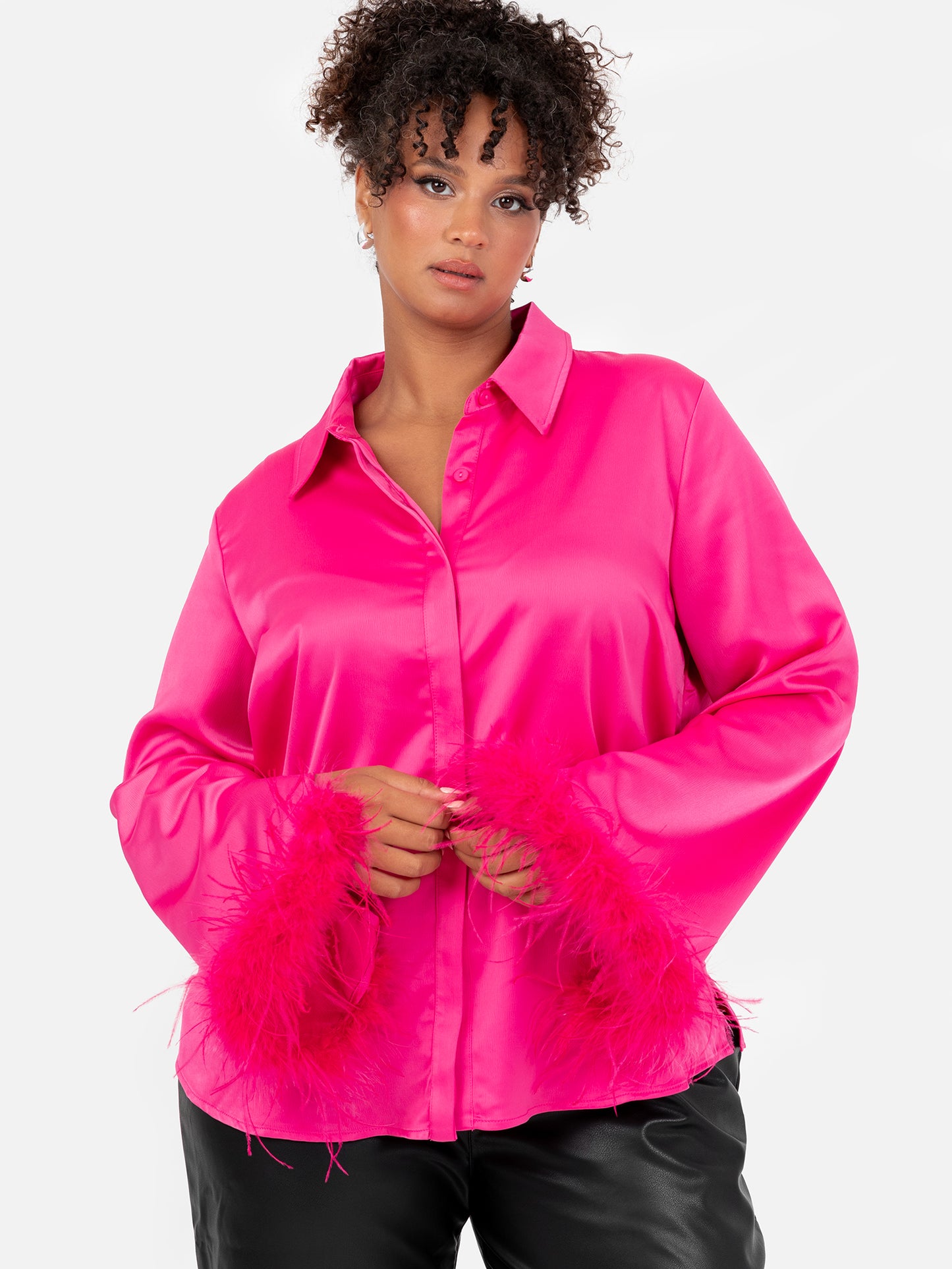 Lovedrobe Fuchsia Satin Shirt with Feather Cuffs