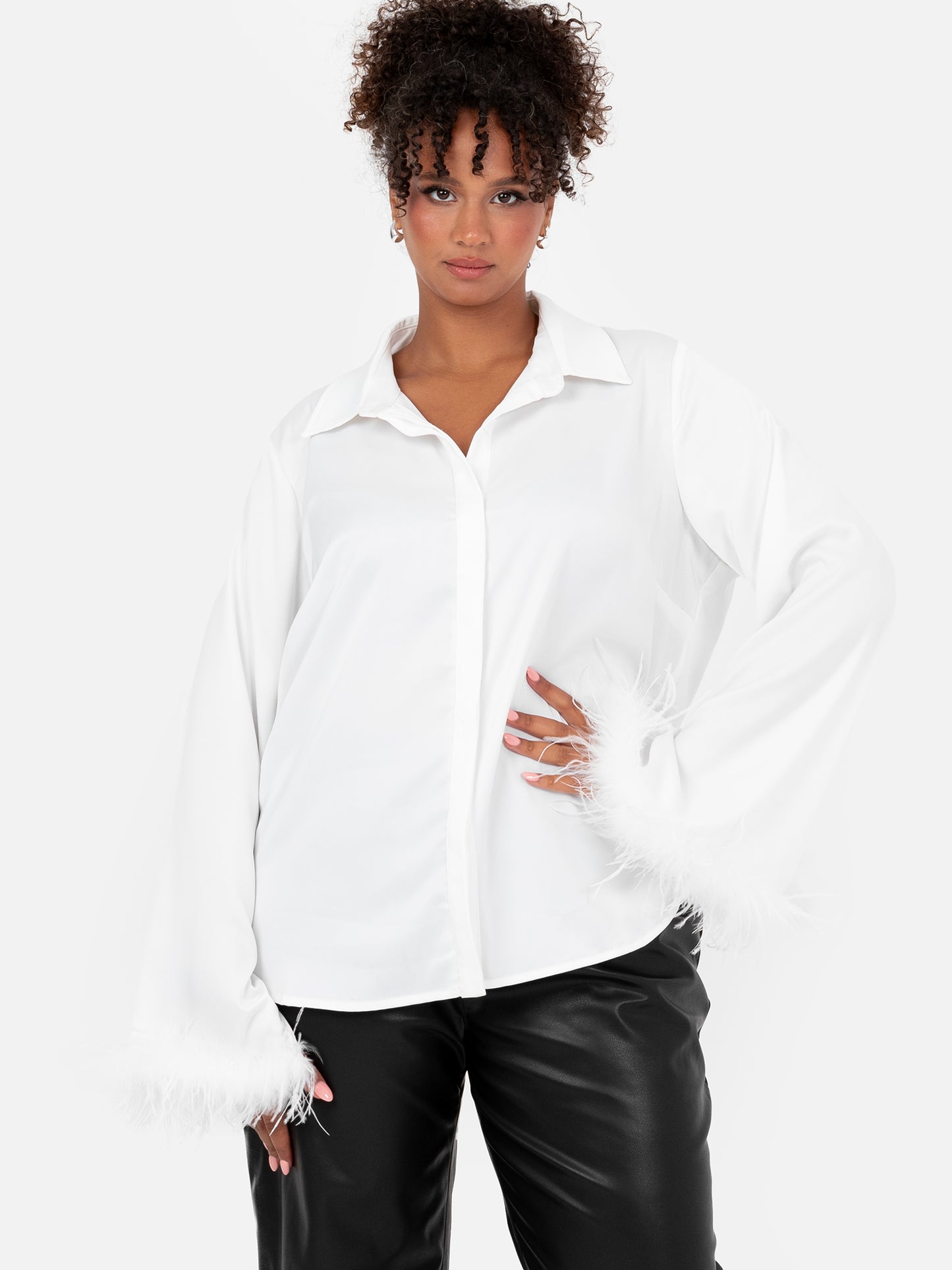 Lovedrobe White Satin Shirt With Feather Cuffs