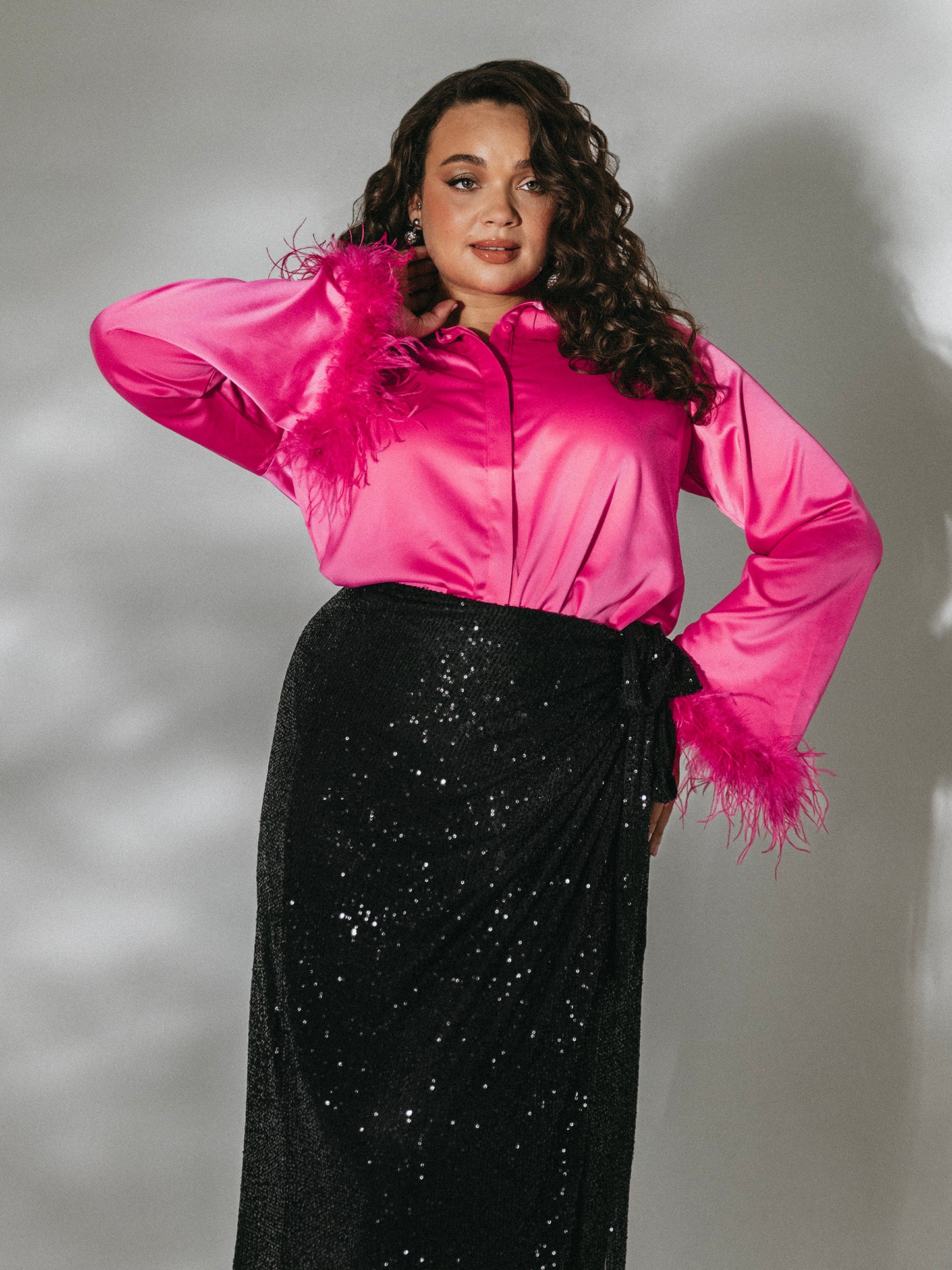 Lovedrobe Fuchsia Satin Shirt with Feather Cuffs