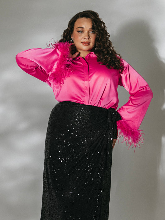 Lovedrobe Fuchsia Satin Shirt with Feather Cuffs
