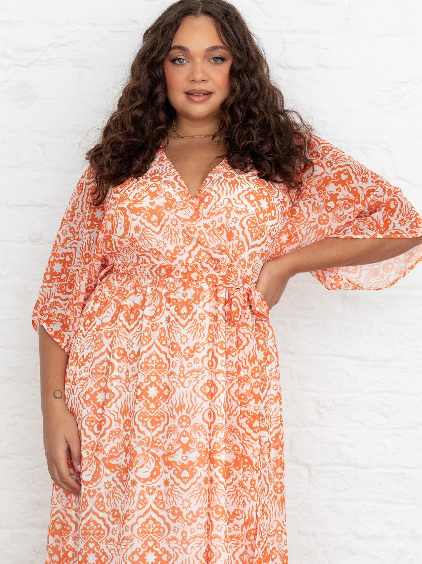 Lovedrobe Orange Faux Wrap Kimono Sleeve Midaxi Dress