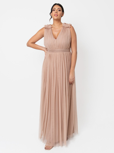 Maya Deluxe Taupe Blush Maxi Dress With Ruffle Shoulder Detail 