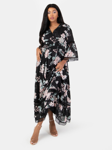 Lovedrobe Luxe Black & Floral Maxi Dress with Crochet Detail