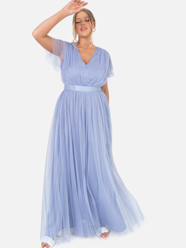 Anaya With Love Recycled Curve Heather Blue V Neck Maxi Dress With Sash Belt