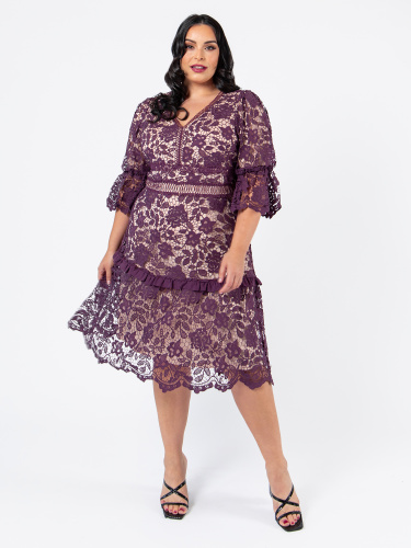 Lovedrobe Luxe Berry Lace Midi Dress with Puff Sleeves