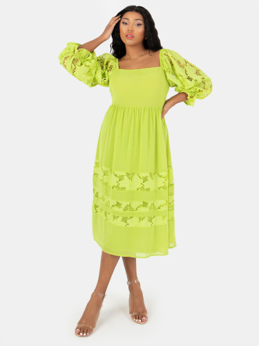 Lovedrobe Luxe Lime Green Lace Detail Midi Dress