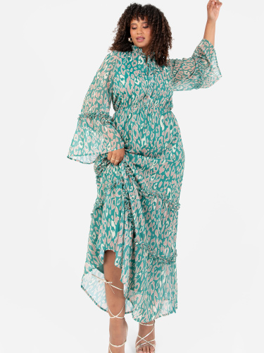 Lovedrobe Luxe Tie-Neck Animal Print Maxi Dress with Frill Detail