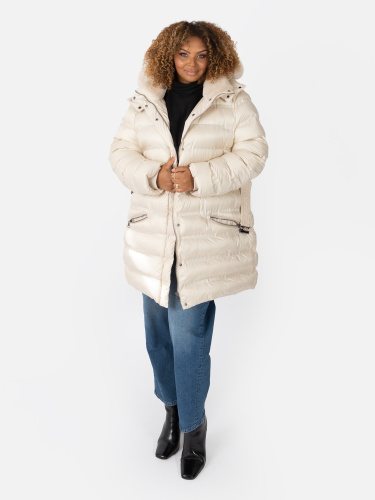 Lovedrobe Stone Belted Puffer Coat with Removable Faux Fur Hood