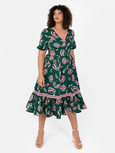 Lovedrobe Green & Pink Floral Midi Dress with Lace Trim