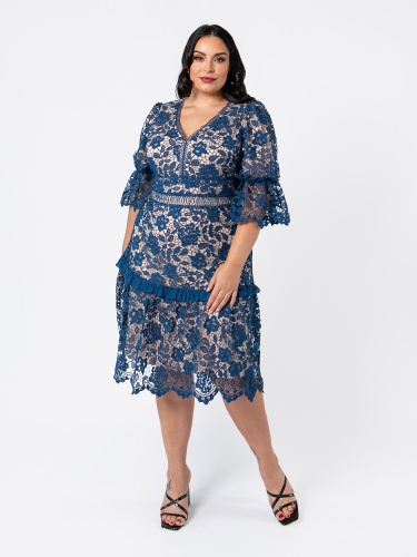 Lovedrobe Luxe Midnight Blue Lace Midi Dress with Puff Sleeves