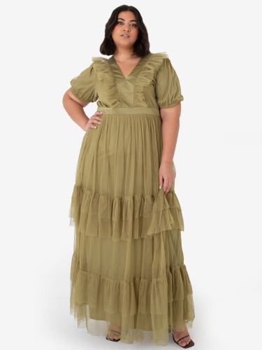 Anaya With Love Curve Recycled Olive Tulle Maxi Dress with Keyhole Back