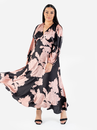 Lovedrobe Luxe Floral V Neck Midaxi Dress with Balloon Sleeves