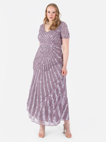 Maya Deluxe Moody Lilac Short Sleeve Stripe Embellished Maxi Dress 