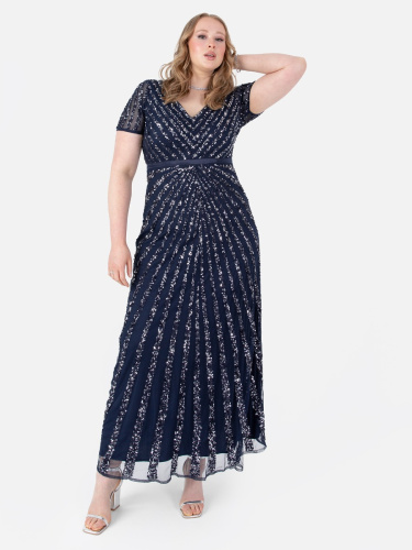 Maya Deluxe Navy Short Sleeve Stripe Embellished Maxi Dress 