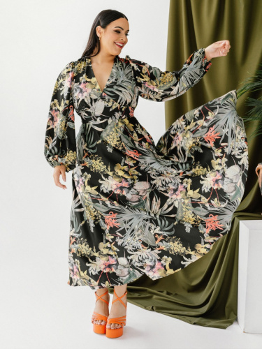 Lovedrobe Luxe Botanical V Neck Midaxi Dress with Balloon Sleeves