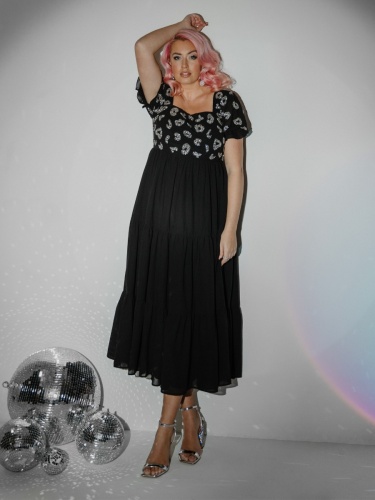Lovedrobe Luxe Black Square Neck Embellished Midi Dress
