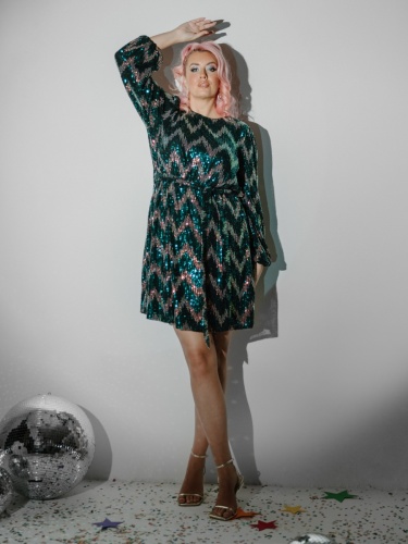 Lovedrobe Luxe Zig-Zag Sequin Long Sleeve Belted Mini Dress