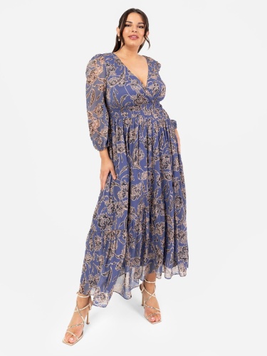 Lovedrobe Blue Floral Long Sleeve Maxi Dress With Self-Tie Back