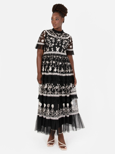 Maya Deluxe Black Embroidered Tiered Midi Dress with Frill Detail