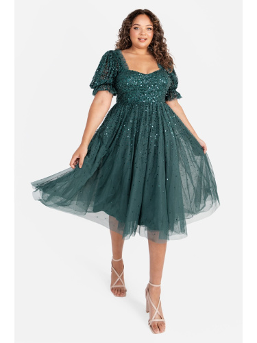 Maya Deluxe Emerald Green Embellished Midi Dress with Frill Detail
