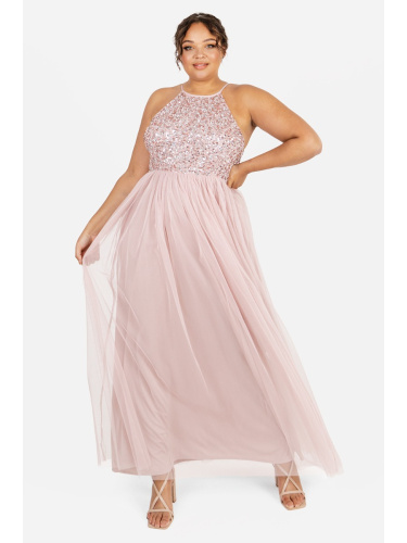 Maya Deluxe Curve Frosted Pink Embellished Halter Neck Maxi Dress