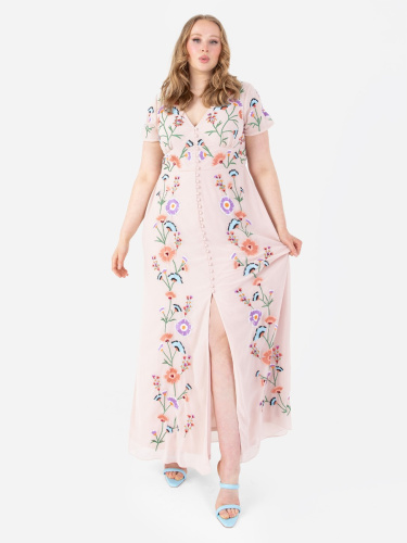 Maya Floral Embroidery & Faux Button Front Maxi Dress