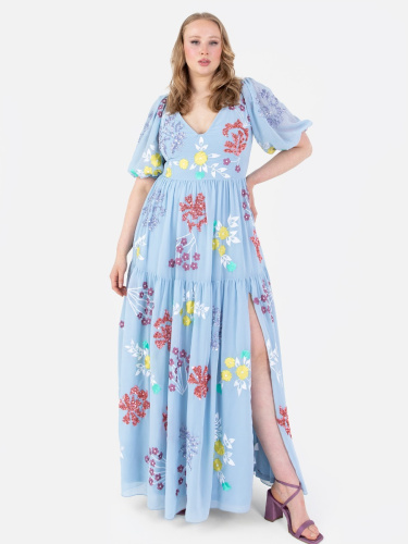 Maya Deluxe Blue Keyhole Back Floral Maxi Dress with Thigh Split